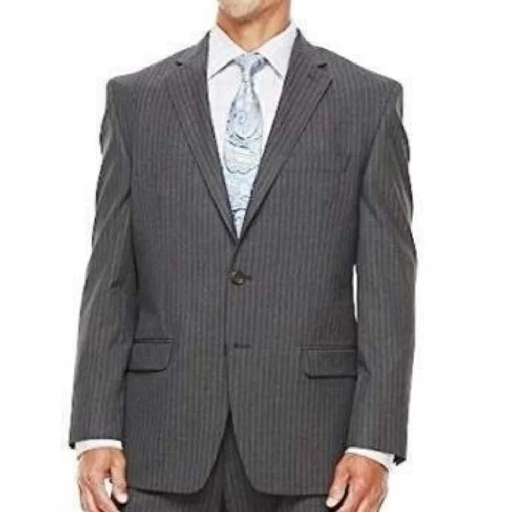 Chaps Suit Jacket Mens 44L $220 Gray Striped Wool Classic Performance Long